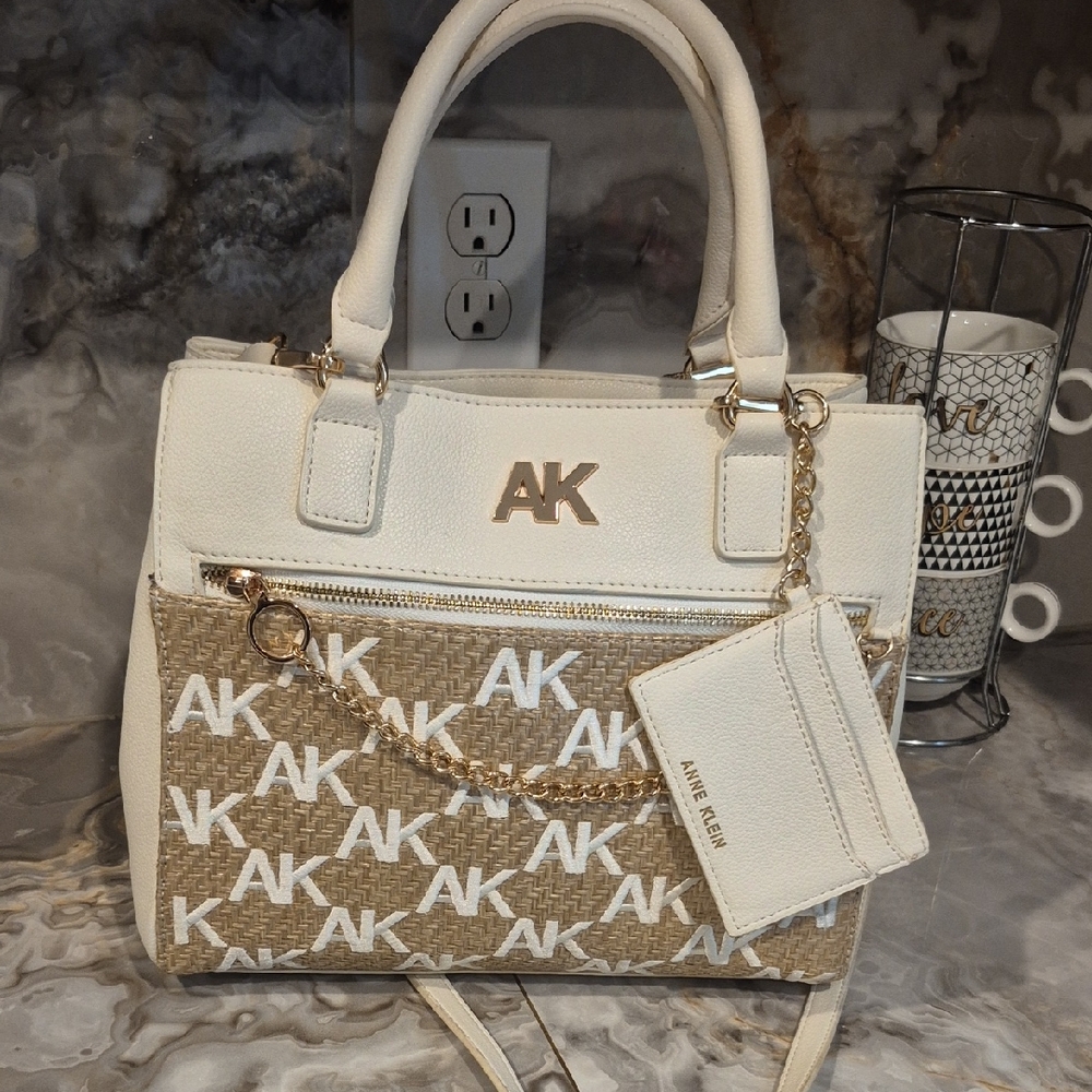 Anne Klein Cream and Tan Satchel with Gold Accents
